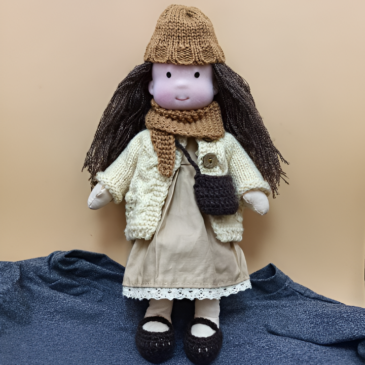 Close-up of organic cotton fabric on Waldorf doll, high quality and gentle for children's skin