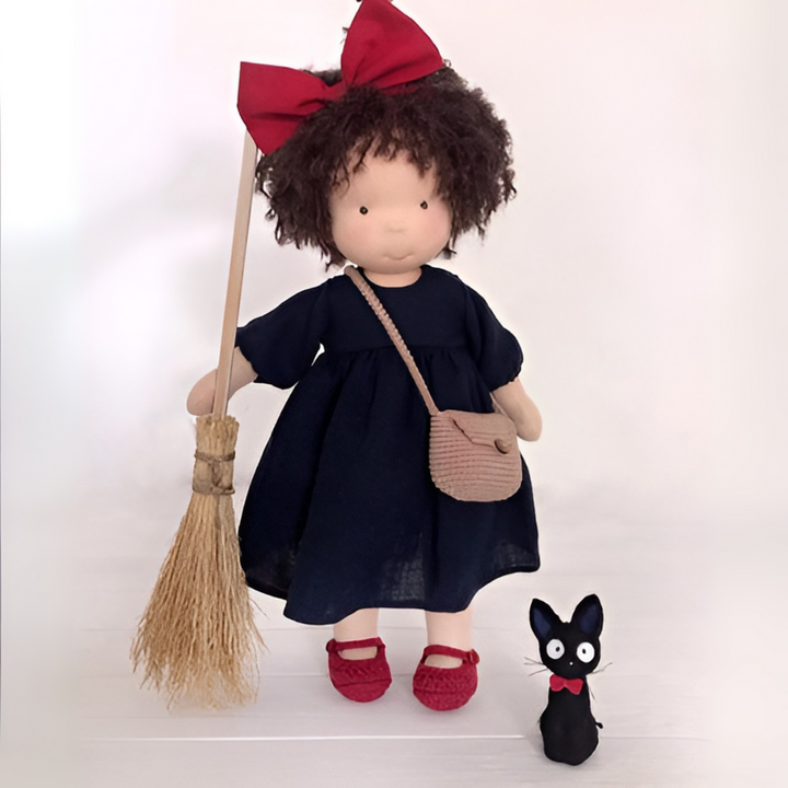 Waldorf doll sitting, showcasing craftsmanship, organic cotton skin, wool-filled cuddly toy