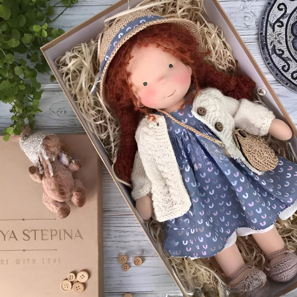 Waldorf doll's gentle face, hand-stitched features, safe and natural for toddlers, soft doll