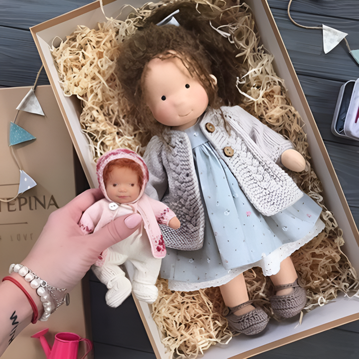 Soft wool hair detail on handmade Waldorf doll, inviting tactile exploration, organic & safe