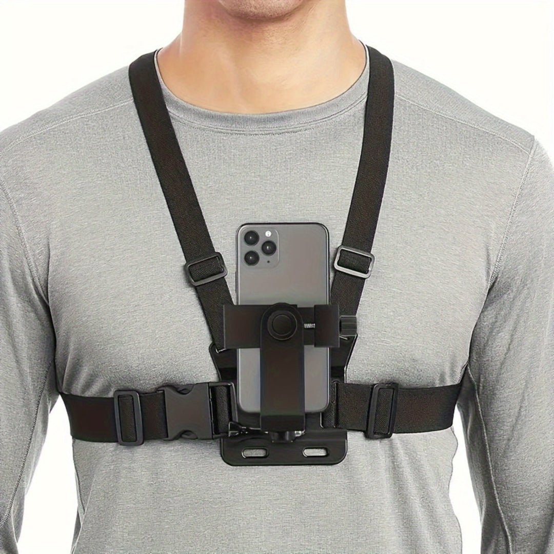 Unisex hands-free chest mount harness for phones & action cameras. Perfect for POV vlogging & outdoor adventures.