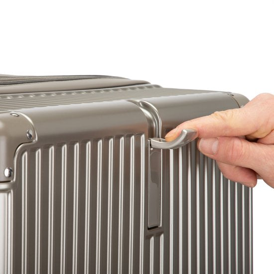 Large checked baggage hardcase suitcase, expandable & secure for longer trips. Mykonos.