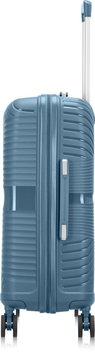 Durable blue hard shell travel suitcase with secure TSA lock, smooth 360° spinner wheels, large capacity.