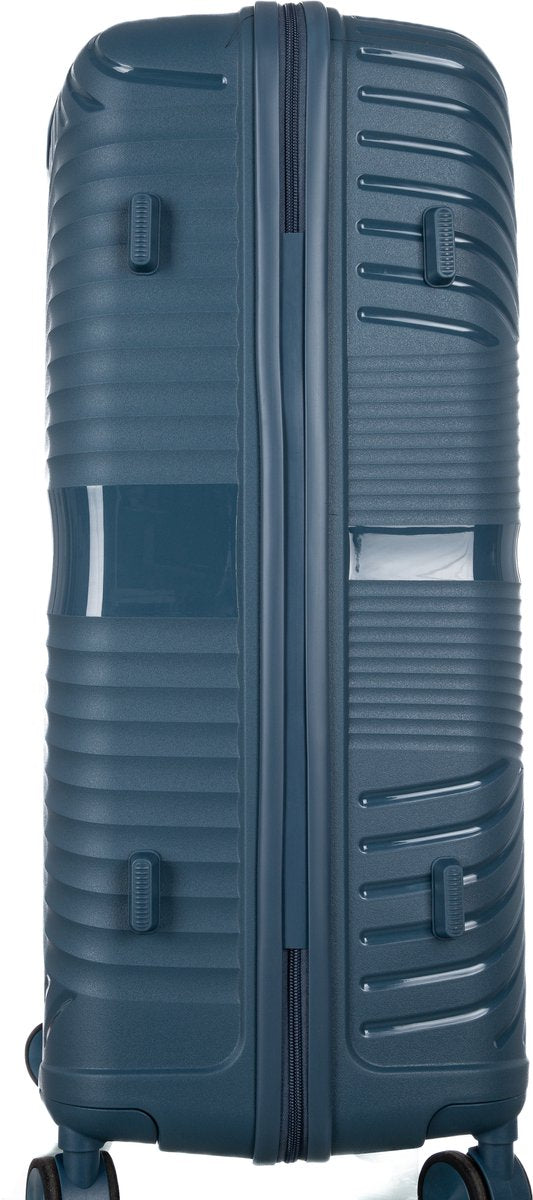 Secure blue hard shell suitcase for easy organized travel, featuring TSA lock and effortless 360° spinner wheels.