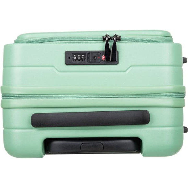 Front view of a unisex hard-shell carry-on suitcase showing laptop compartment and durable zippers for secure travel.