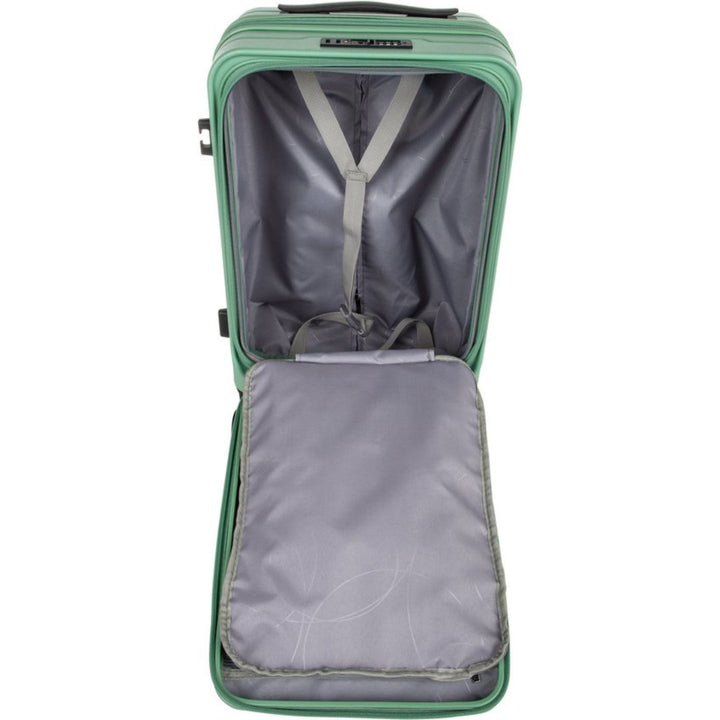 Compact hard-shell carry-on suitcase with secure laptop compartment, smooth spinner wheels, and ergonomic handle.