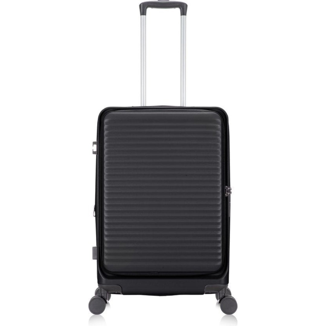 Sleek unisex hard-shell carry-on luggage for business travel. Integrated laptop compartment, smooth spinner wheels.
