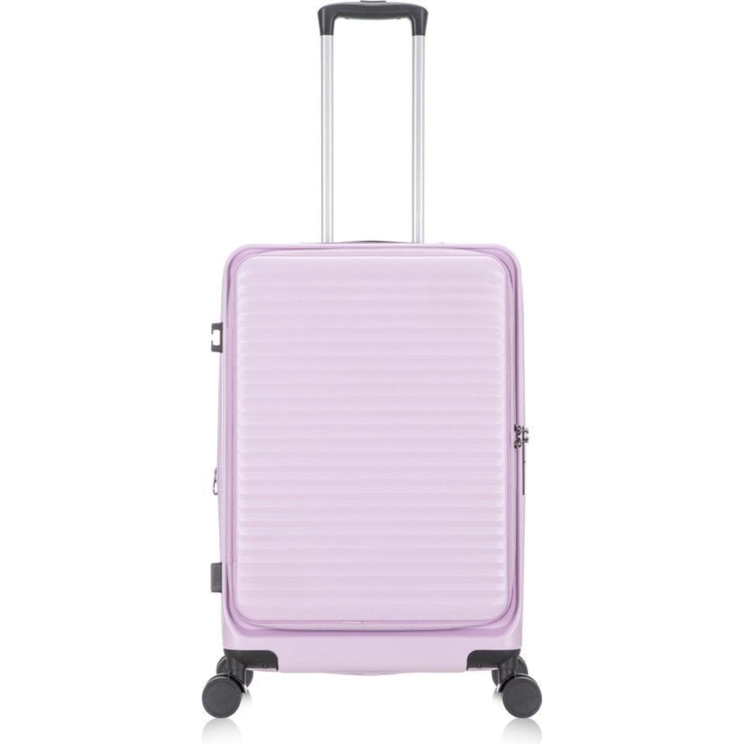 Expandable hard-shell carry-on suitcase. Features laptop compartment, TSA lock & silent spinner wheels for versatile travel.