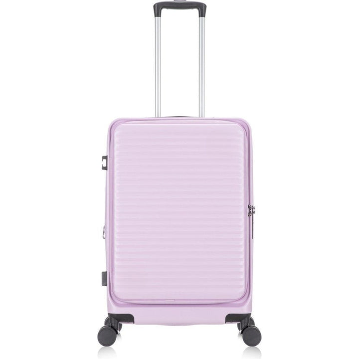 Expandable hard-shell carry-on suitcase. Features laptop compartment, TSA lock & silent spinner wheels for versatile travel.
