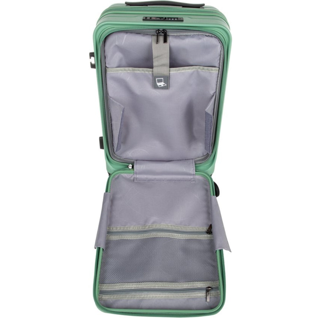 Spacious hard-shell carry-on luggage with external laptop compartment and internal organization for efficient packing.
