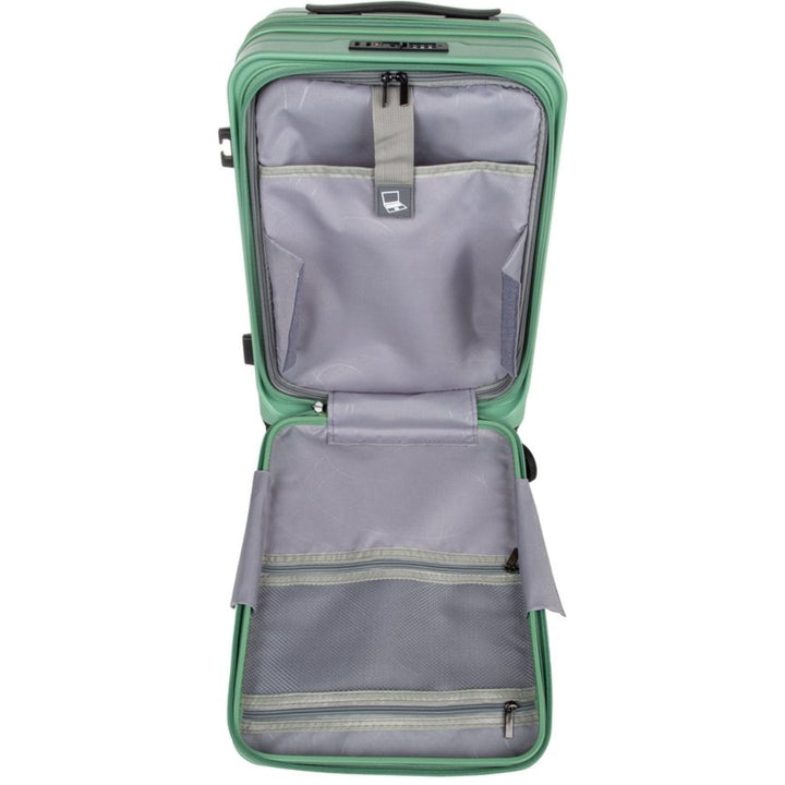 Spacious hard-shell carry-on luggage with external laptop compartment and internal organization for efficient packing.