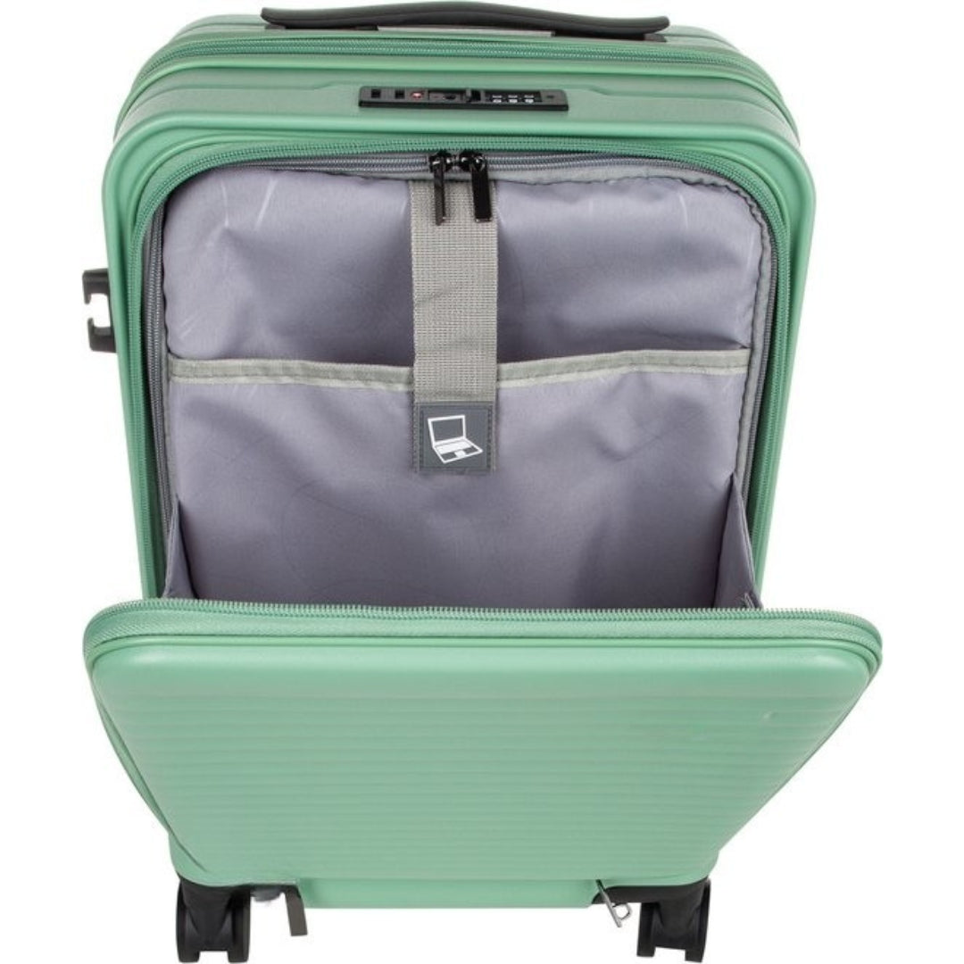 Airline-approved carry-on hard-shell suitcase with laptop access, TSA lock & spinner wheels for hassle-free travel.