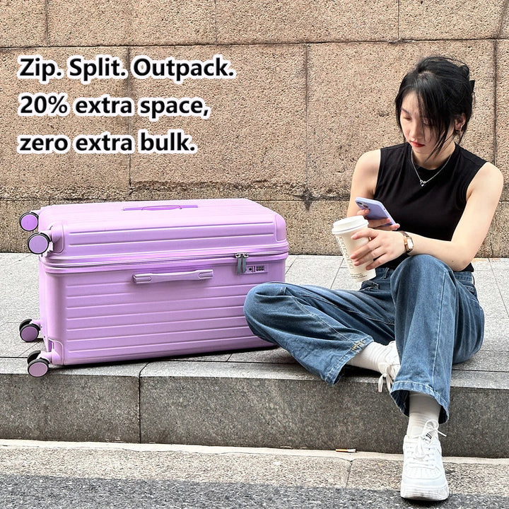Compact hard shell carry-on suitcase, expandable. Features spinner wheels & TSA lock for smart, secure unisex travel.