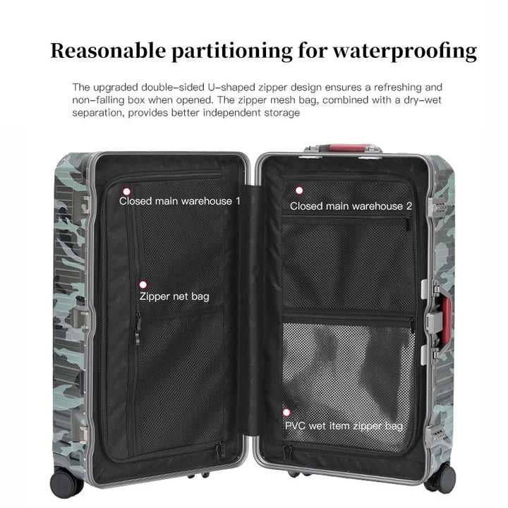 Sleek hard shell travel suitcase with ergonomic wide grip handle, smooth spinner wheels, & integrated TSA lock.