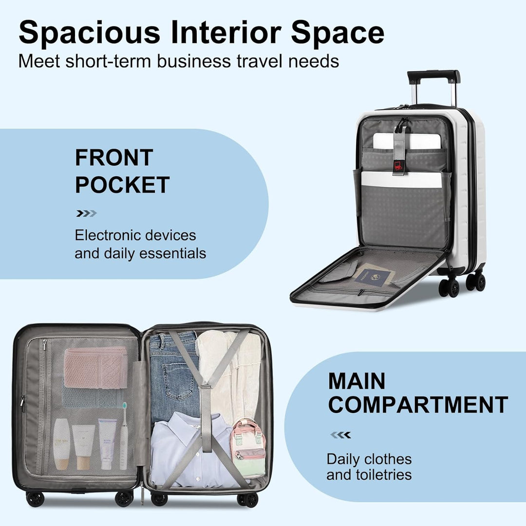 Globe-trotting unisex hardshell carry-on with TSA lock and convenient front storage.