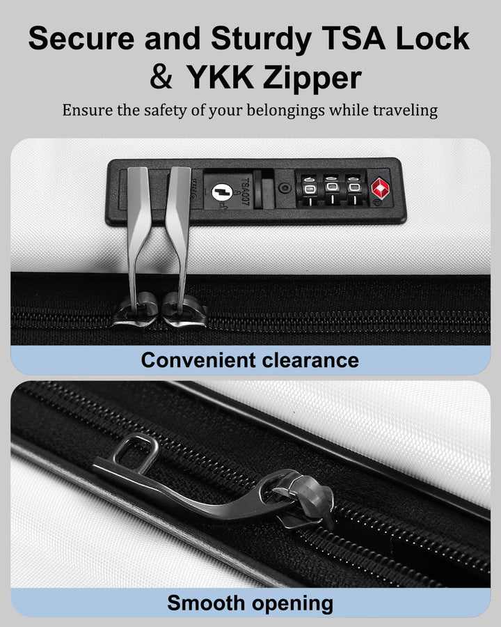 Unisex hardshell carry-on with front pocket, TSA lock, and robust design for travel.
