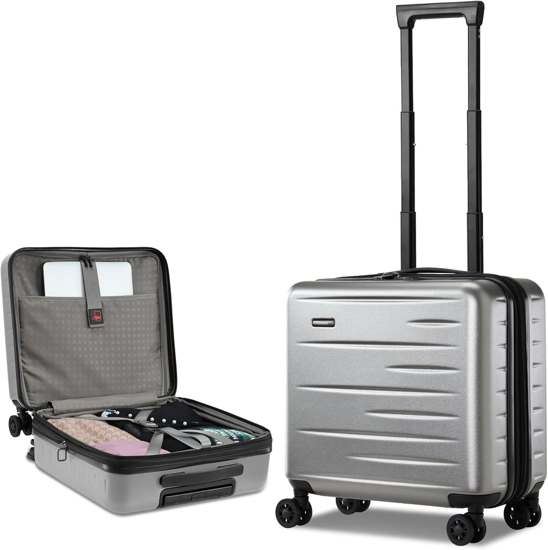 Stylish unisex hardshell luggage, expandable, with convenient front pocket.