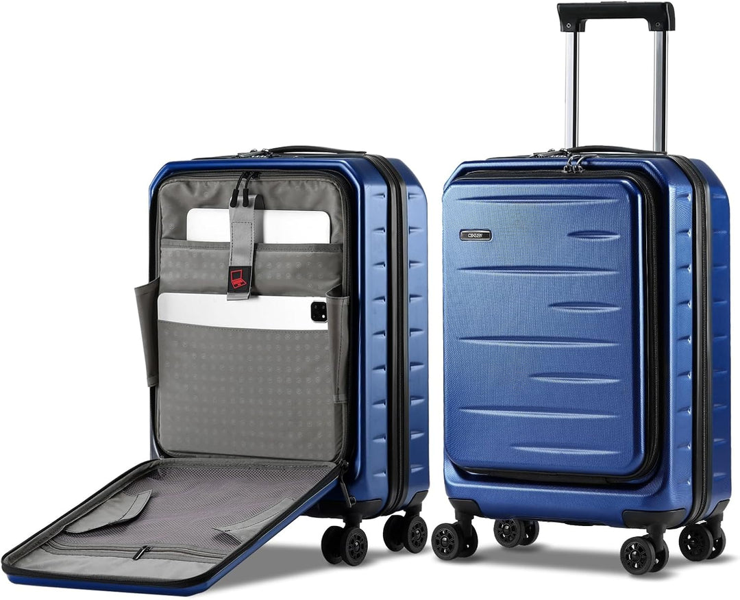 Durable hardshell carry-on, unisex, expandable, with front pocket for tech & essentials.