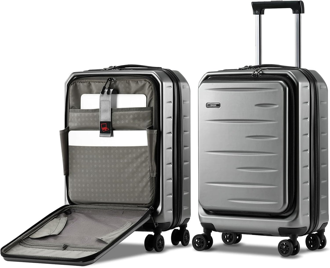 Front pocket hardshell carry-on, unisex, expandable for extra packing space.