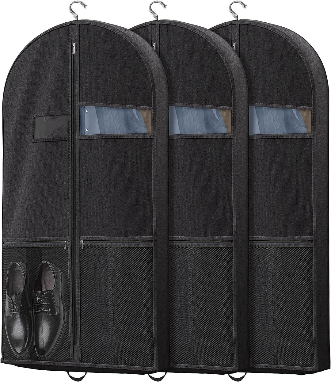 Unisex heavy-duty travel garment bag with clear window & accessory pockets. Wrinkle-free clothes protector.