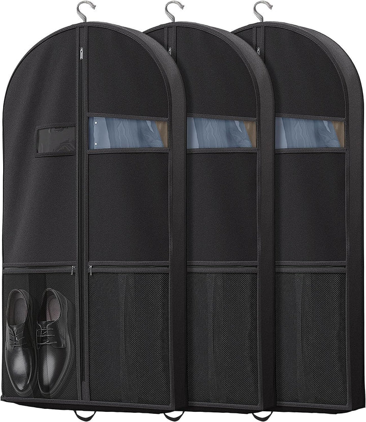 Unisex heavy-duty travel garment bag with clear window & accessory pockets. Wrinkle-free clothes protector.