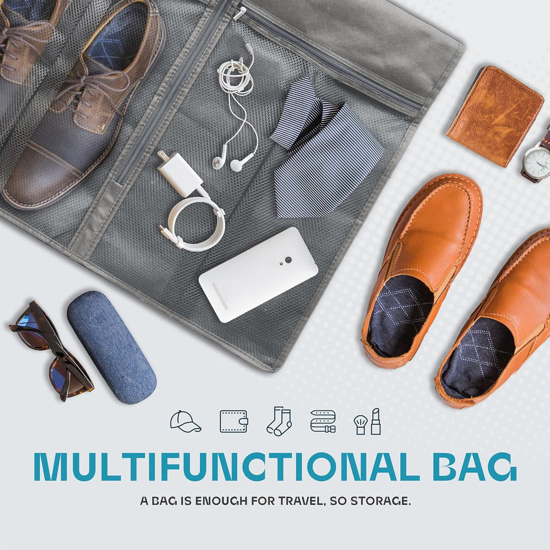 Dress bag with clear window. Heavy-duty travel garment bag, dustproof, with accessory pockets.