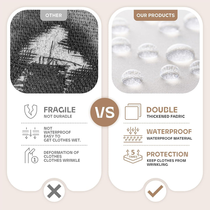 Clear window view of suit in a heavy-duty travel garment bag. Wrinkle-free clothes protector.