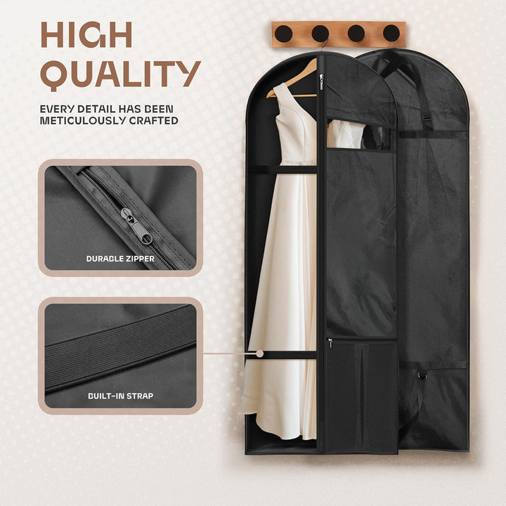 Garment bag hanging in closet. Dustproof wardrobe storage for suits, dresses & long coats.