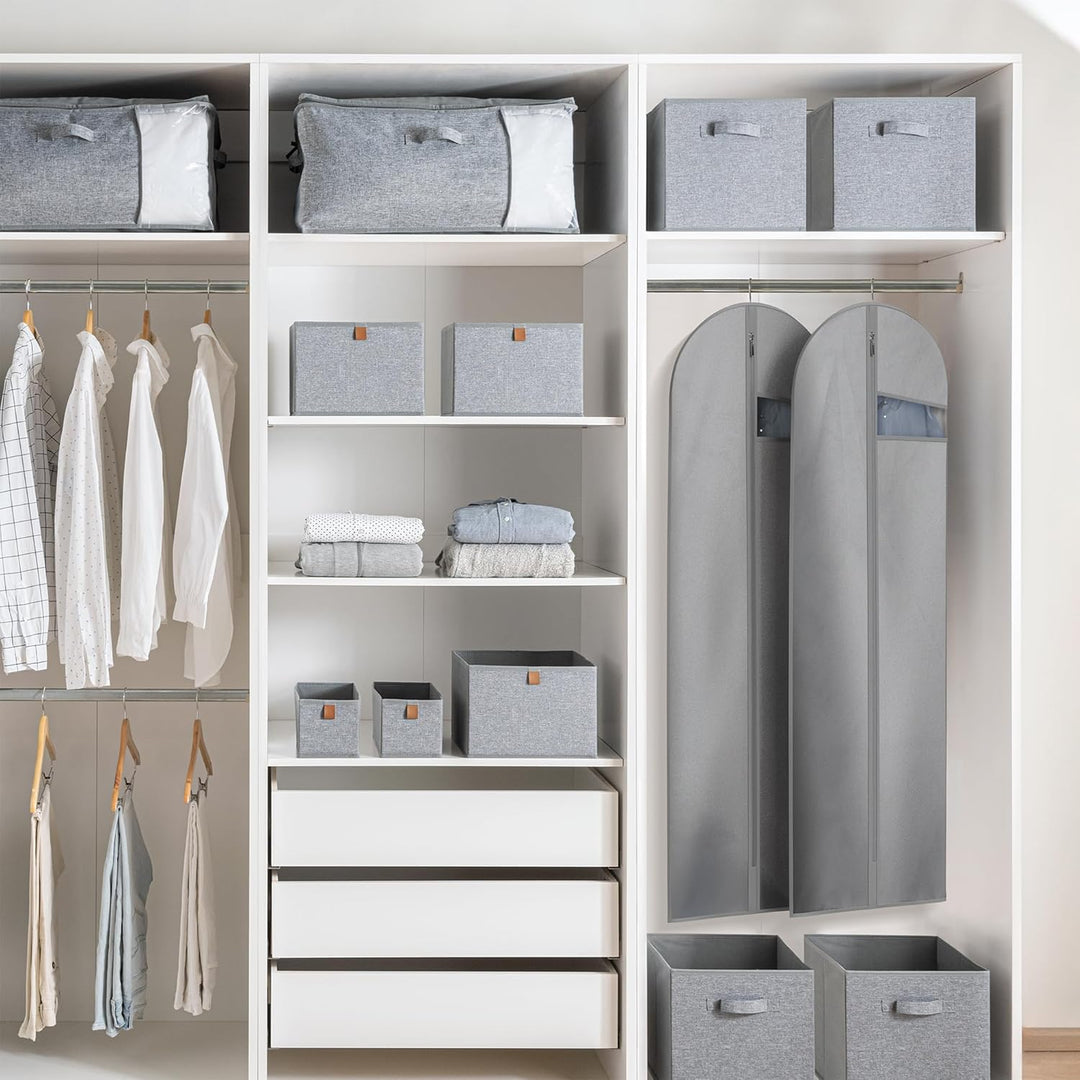 Heavy-duty garment bag on a hanger, ready to protect your clothes in the closet or on the go.