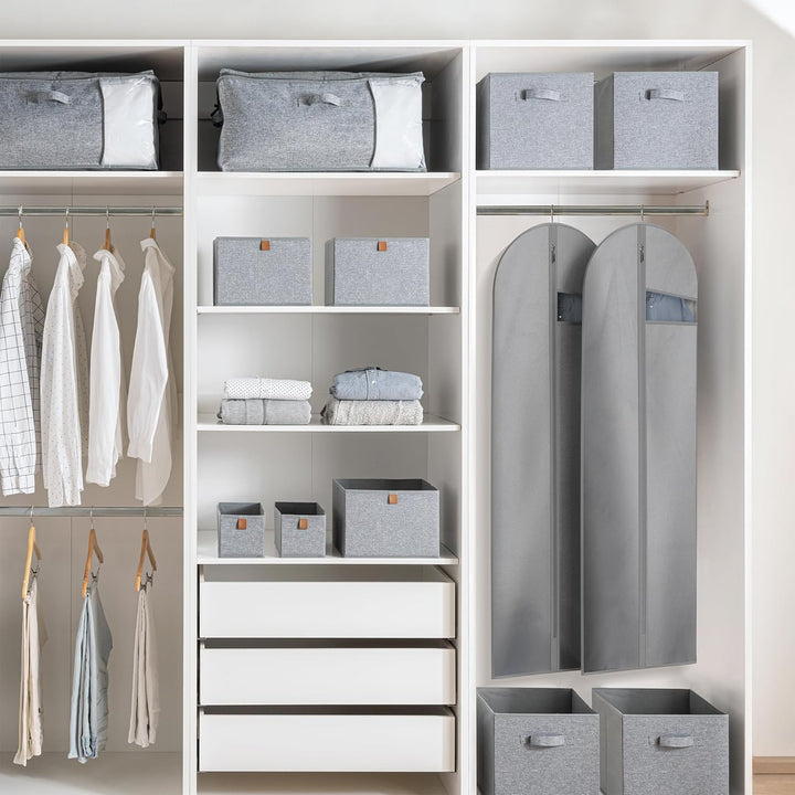 Heavy-duty garment bag on a hanger, ready to protect your clothes in the closet or on the go.