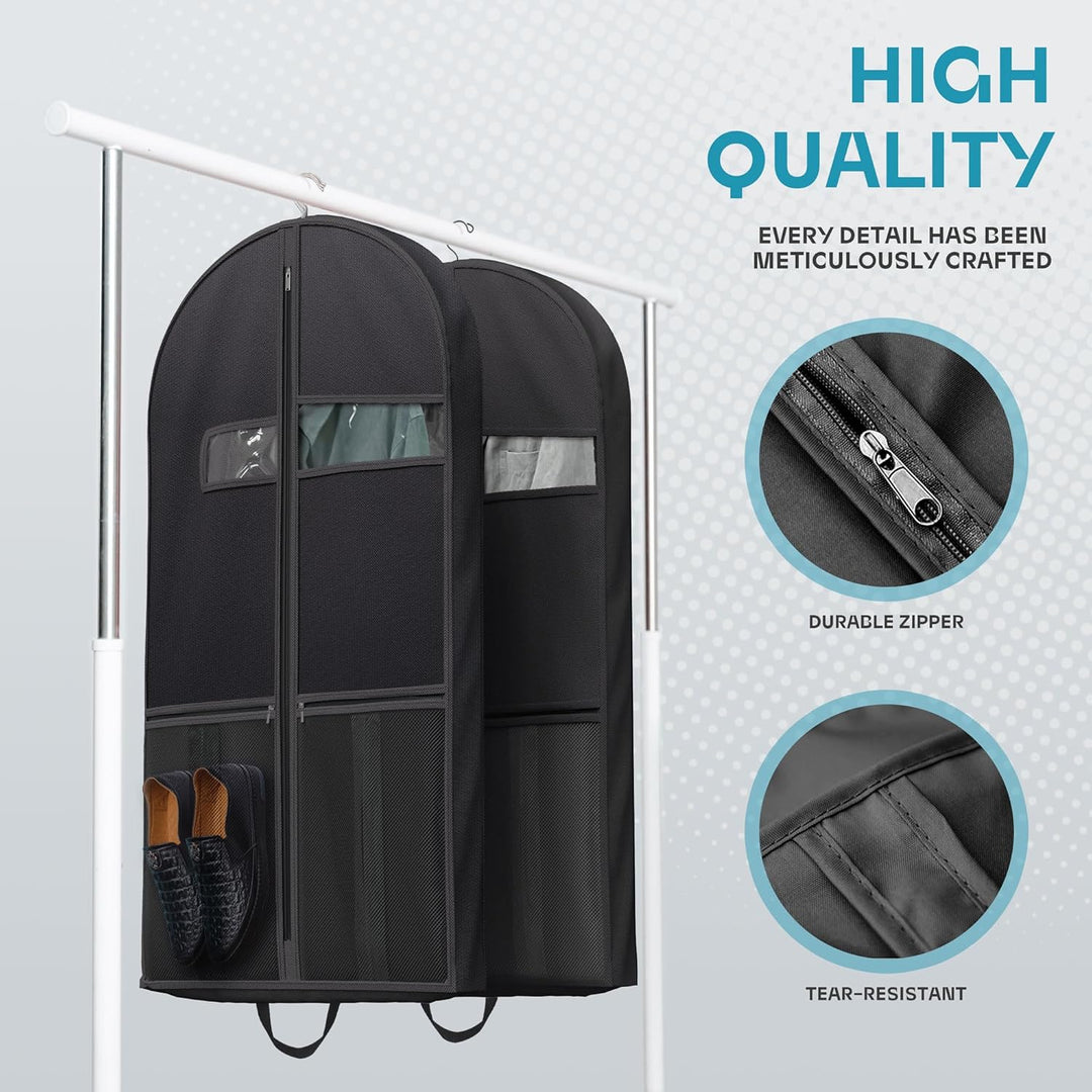 Wrinkle-free travel garment bag. Unisex design with clear window & pockets for essential accessories.