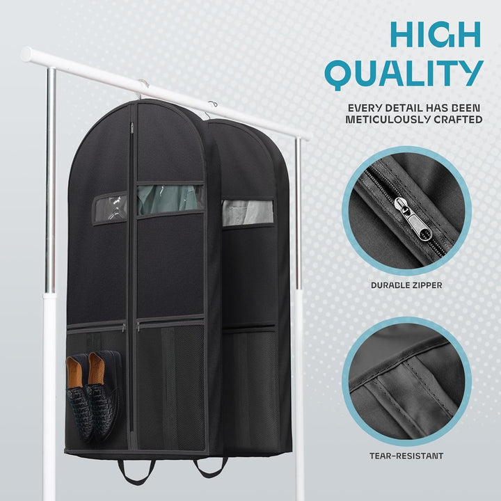 Wrinkle-free travel garment bag. Unisex design with clear window & pockets for essential accessories.