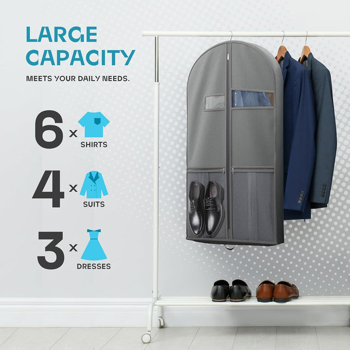 Portable suit bag: Heavy-duty travel garment bag with clear window. Ideal for keeping clothes pristine.