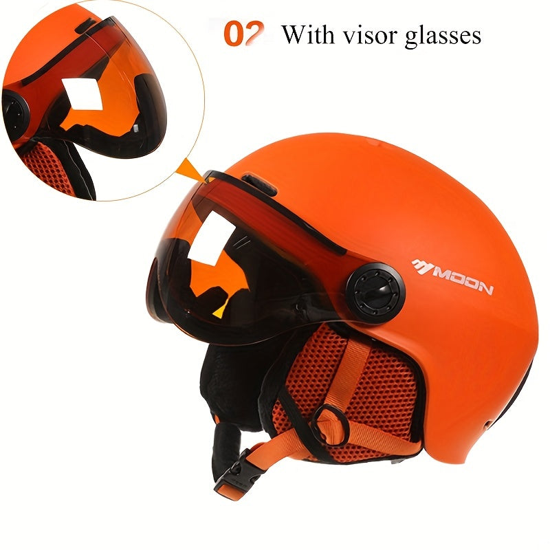 Ski helmet paired with goggles, ready for the slopes. Complete head protection for winter sports enthusiasts.