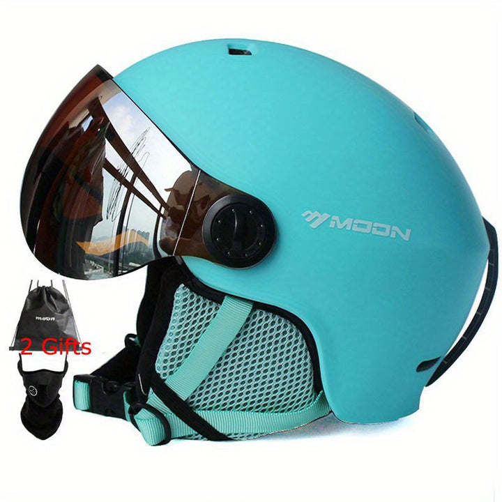 Front view of a sleek, safe ski helmet. High-quality head protection for snowboarding & winter sports.
