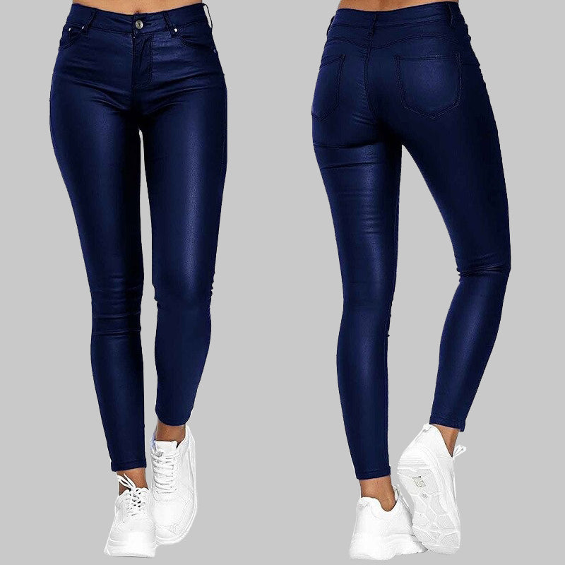 Unisex high-waist sleek skinny pants with stretch fit, perfect for trendy versatile fashion & comfort.