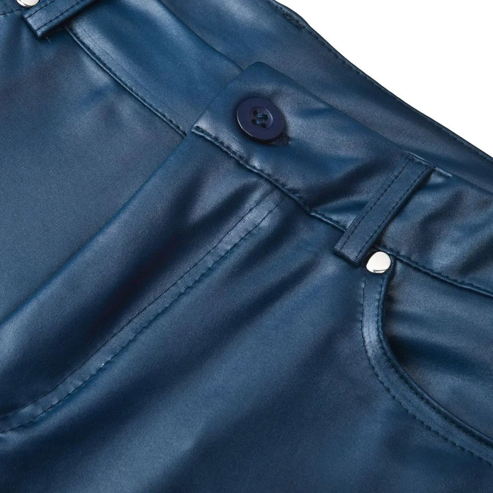 Deep blue unisex high-waist sleek skinny pants. Fashionable stretch fit, versatile & comfortable trendy bottoms.