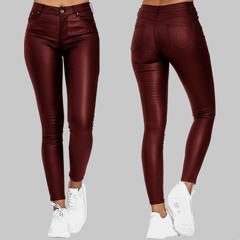 Comfortable stretch fit unisex high-waist skinny pants. Versatile, sleek look for trendy everyday fashion.