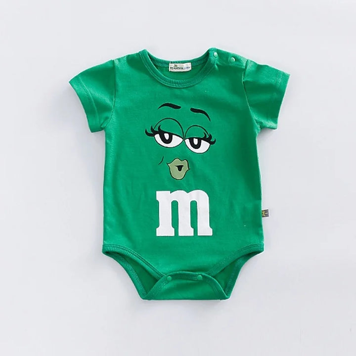 Unisex infant & toddler colorful romper with playful M&M faces print, short sleeve, perfect summer baby jumpsuit.