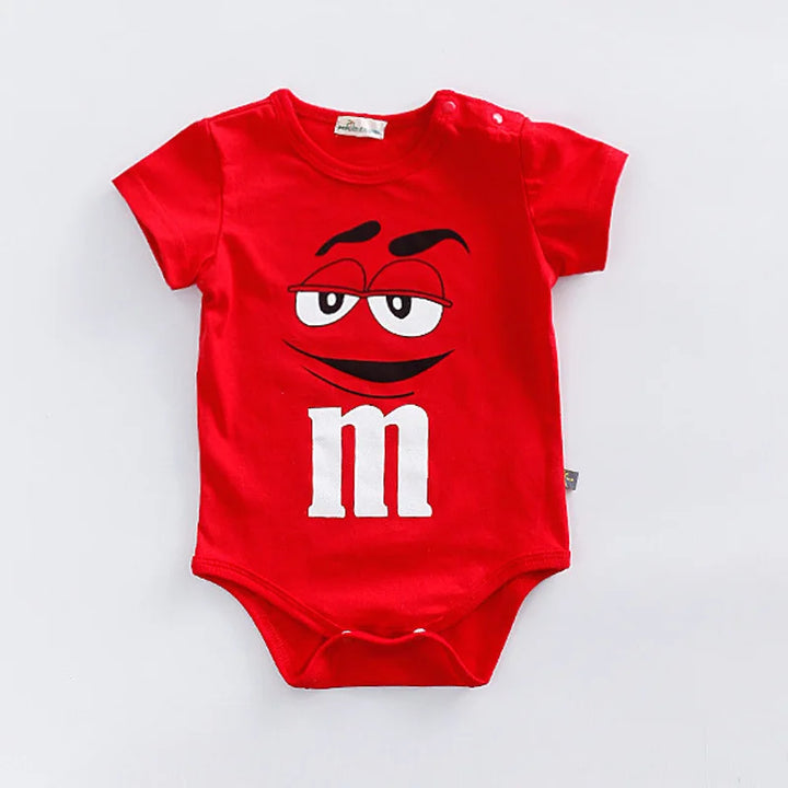 Comfortable short sleeve colorful baby romper with fun M&M faces print. Unisex infant & toddler casual jumpsuit.