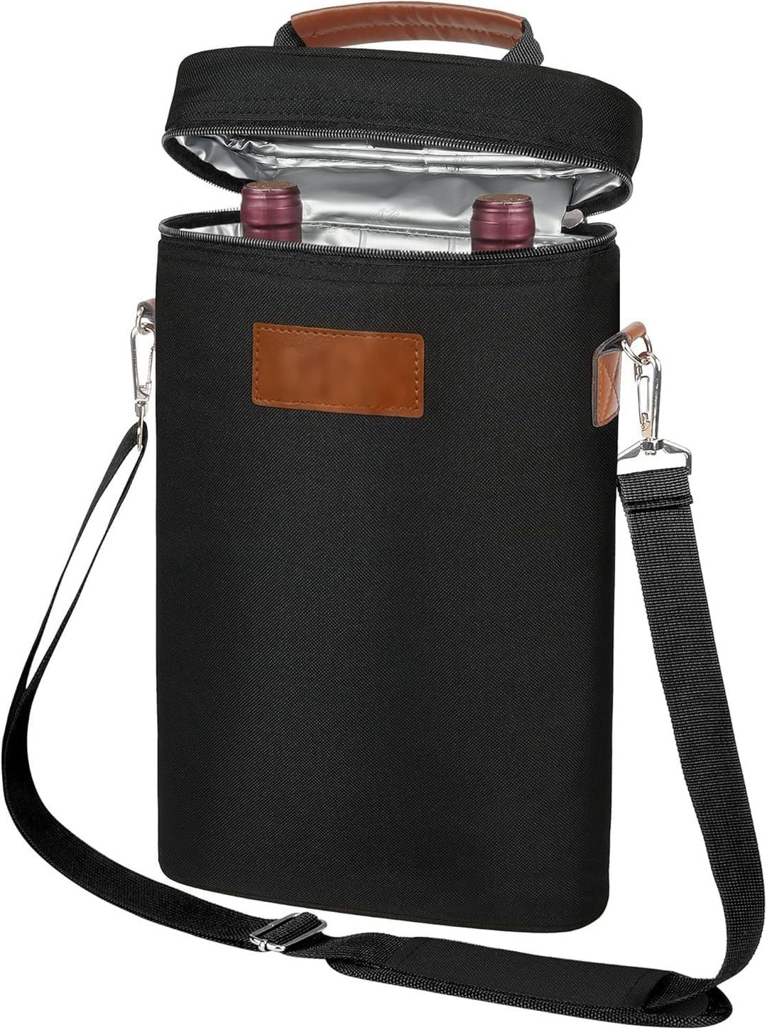 Unisex insulated dual wine bottle carrier bag with padded divider, perfect for travel & picnics.