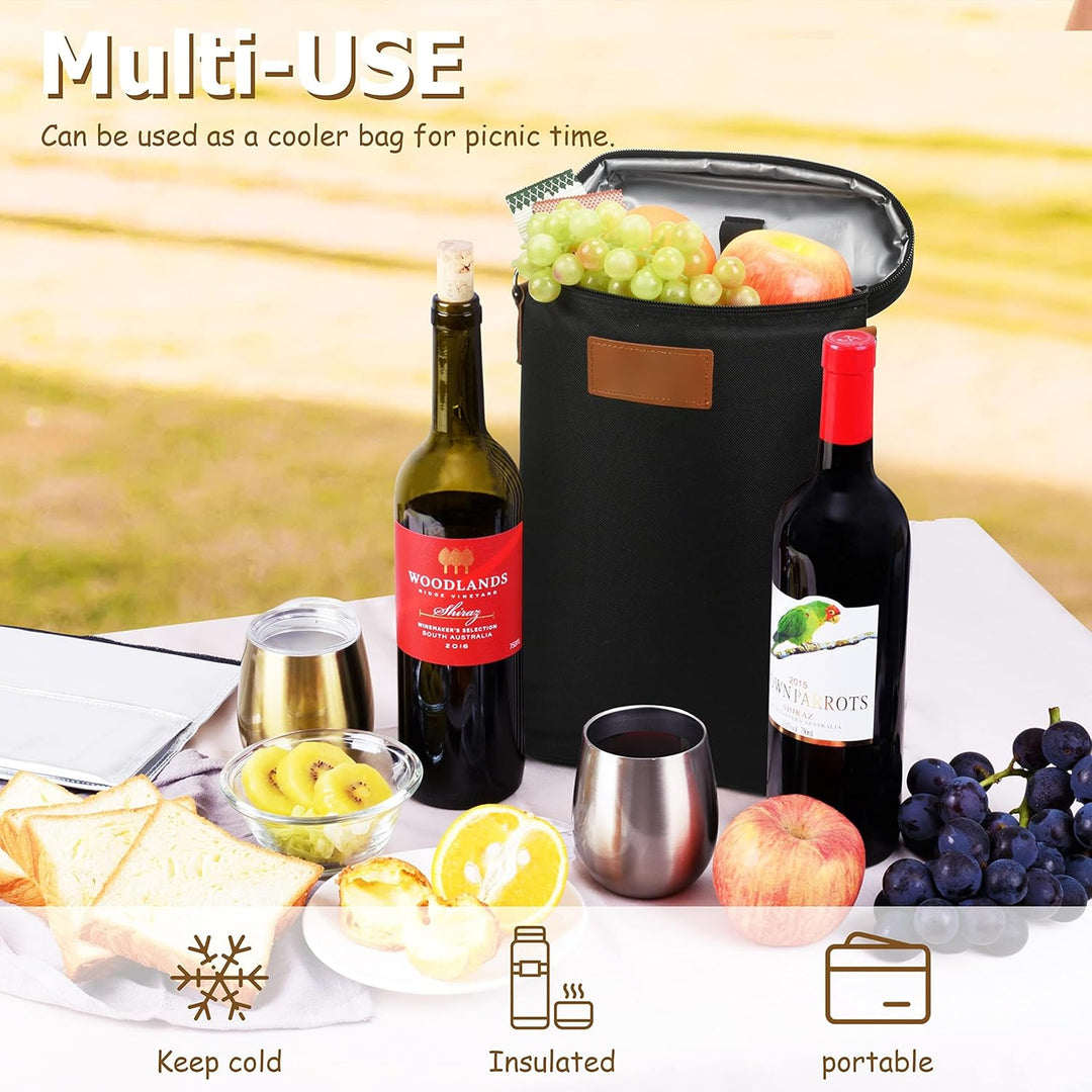 Stylish insulated wine tote bag for two bottles, ideal for picnics, beach trips, or gifting.