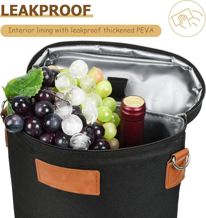 Premium insulated wine bottle cooler bag with a sturdy handle for easy, secure transport of two bottles.