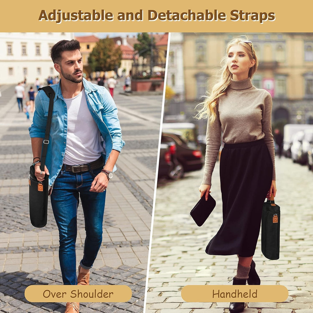 Unisex travel wine bag with a comfortable shoulder strap, designed to securely carry two standard wine bottles.