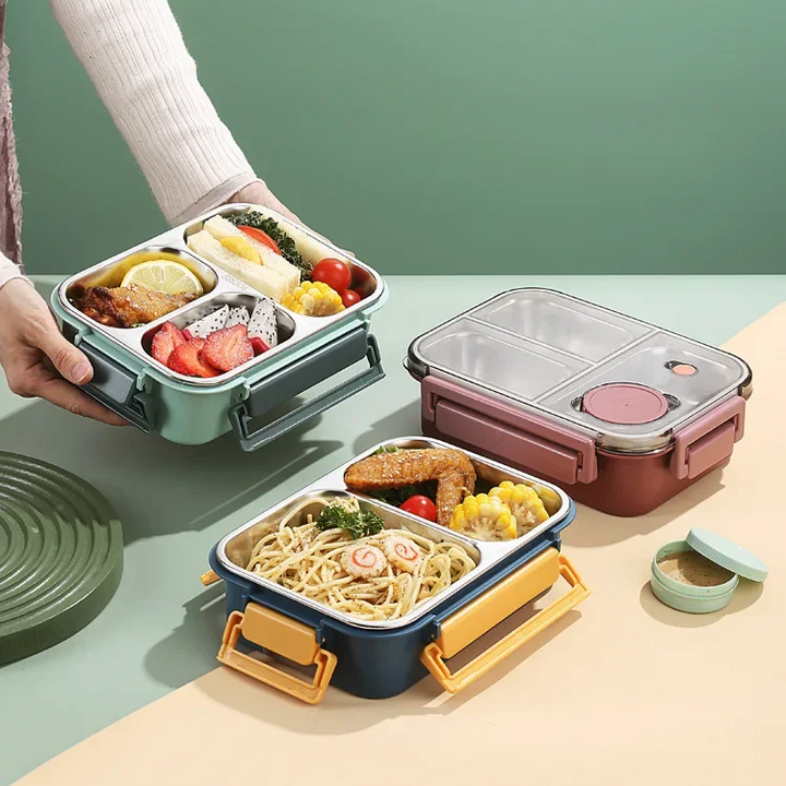 Portable insulated leakproof lunch box with multi-grid compartments for bento style meal prep.