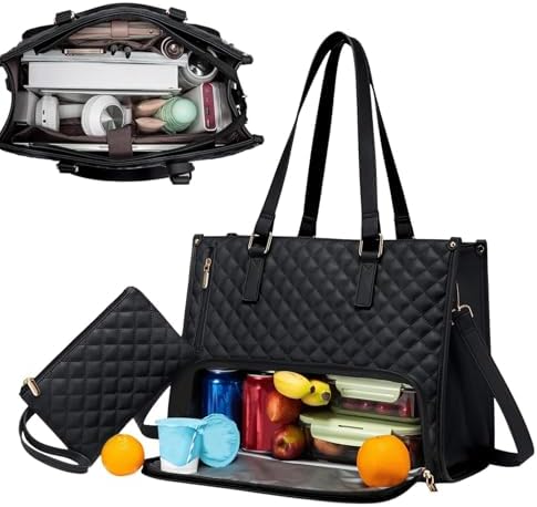 Unisex insulated lunch & laptop tote bag in black, perfect for work or travel, keeping food fresh & devices safe.