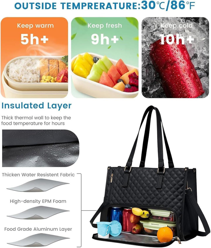 Black unisex office bag with separate insulated lunch cooler & padded laptop sleeve for organized everyday carry.