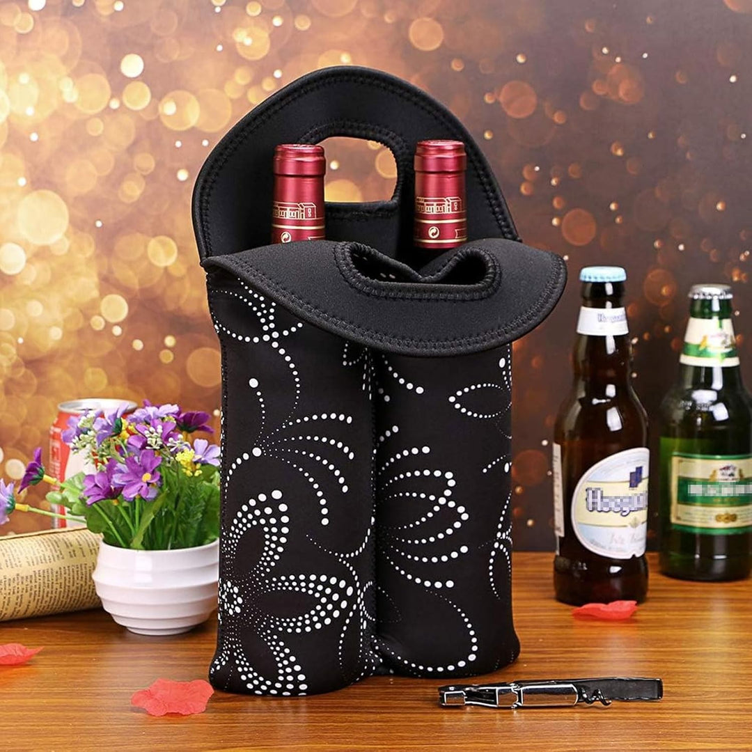 Neoprene dual wine carrier, insulated bag for safe bottle transport.
