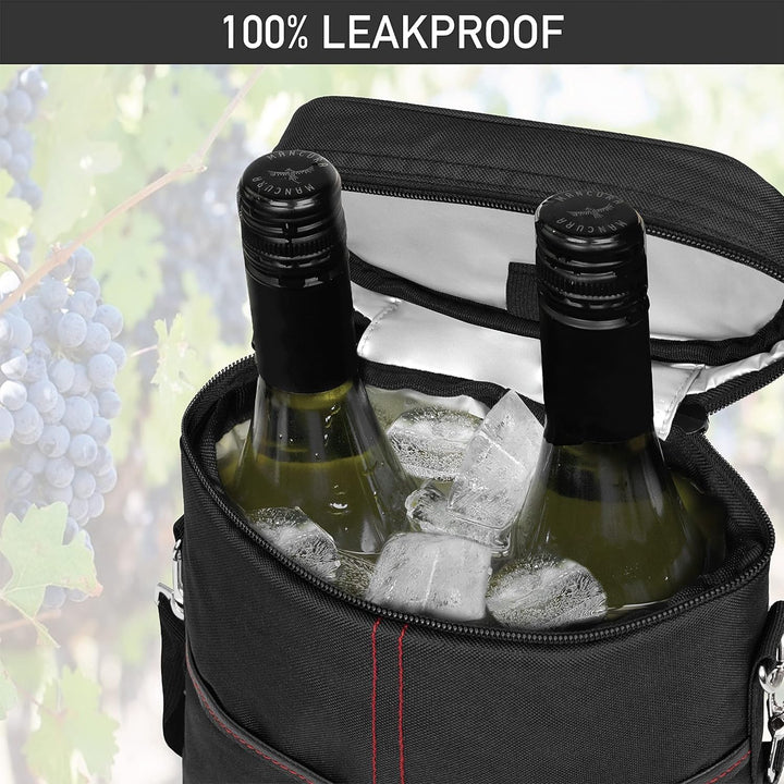 Portable 2-bottle wine cooler bag, essential travel accessory for keeping wine chilled.