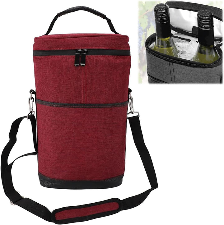 Unisex insulated black wine cooler tote bag for 2 bottles, sleek and practical design.